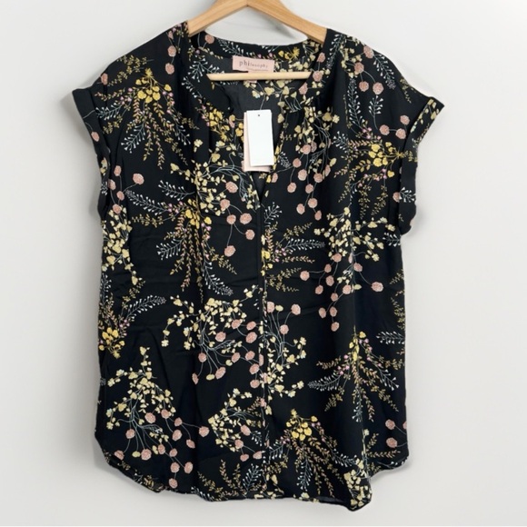 Philosophy Womens Black Floral V-Neck Cuffed Short Sleeve Blouse Bohemian Size S - Picture 1 of 11